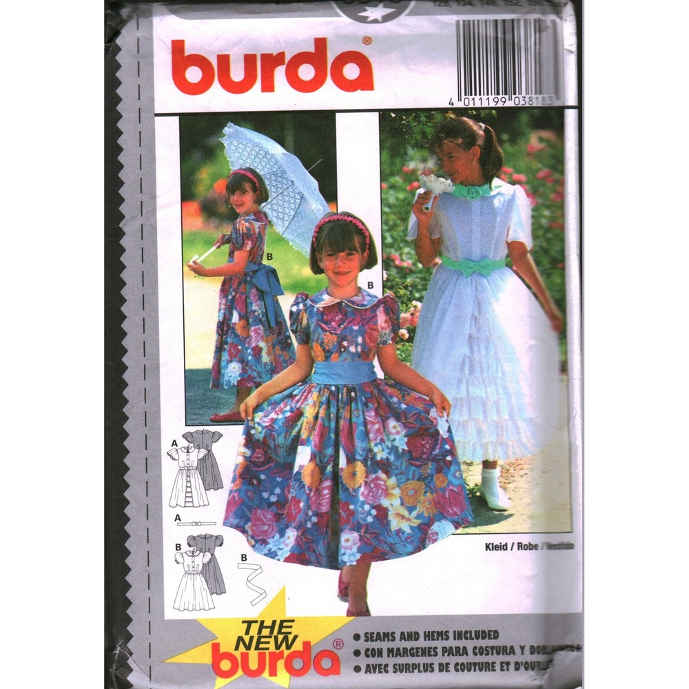 Burda 3818 Girls Dress Sewing Pattern Size 8-14 Peter Pan Collar Full Skirt Sash
